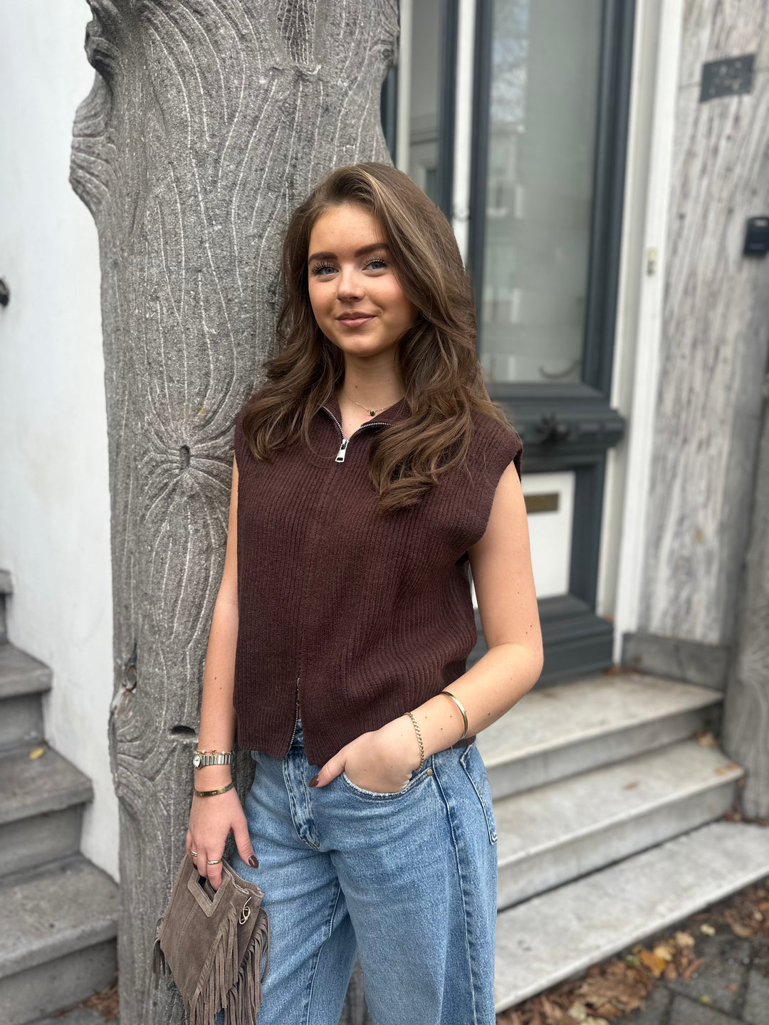 Bruin gilet met rits