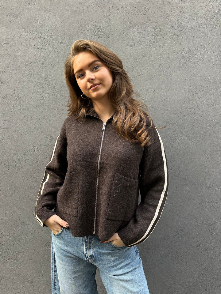 Chocolate Brown Cardigan with White Stripes