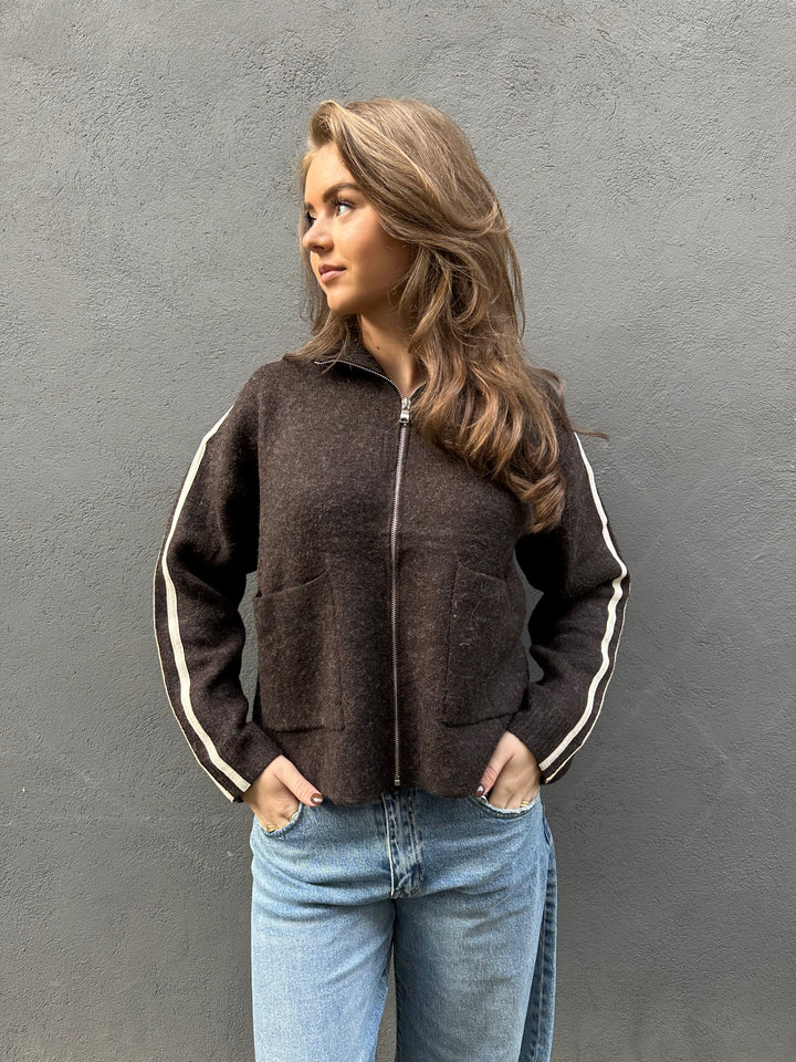 Chocolate Brown Cardigan with White Stripes